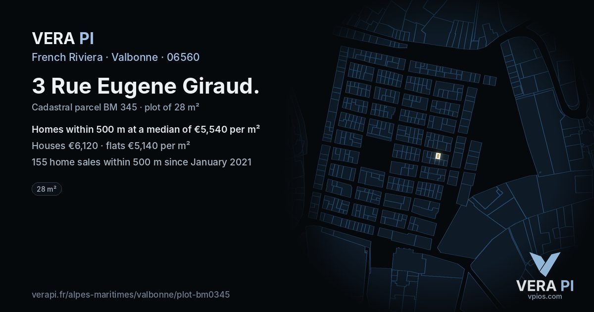 3 Rue Eugene Giraud, Valbonne at night – the plot lit, the parcels around coloured by the prices near them