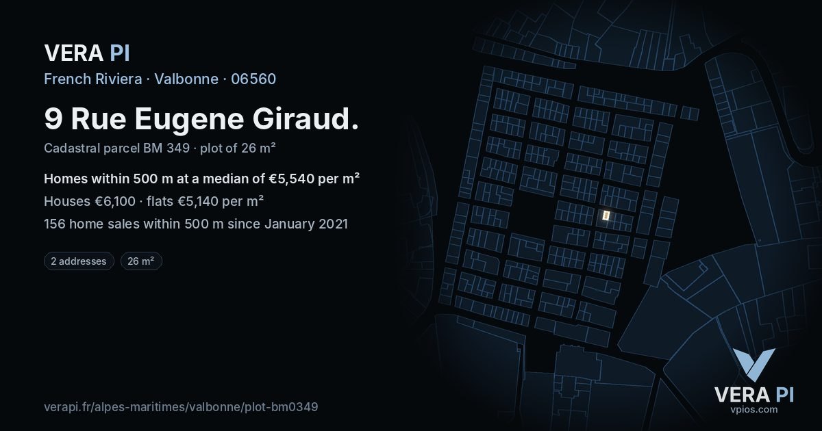 9 Rue Eugene Giraud, Valbonne at night – the plot lit, the parcels around coloured by the prices near them