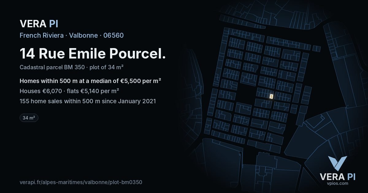 14 Rue Emile Pourcel, Valbonne at night – the plot lit, the parcels around coloured by the prices near them