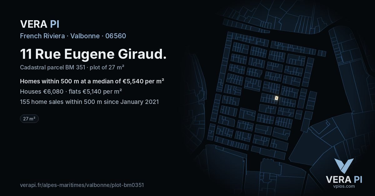 11 Rue Eugene Giraud, Valbonne at night – the plot lit, the parcels around coloured by the prices near them