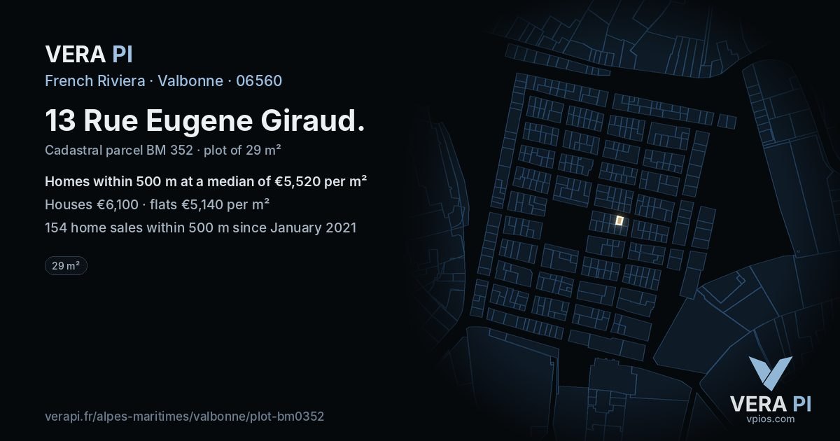 13 Rue Eugene Giraud, Valbonne at night – the plot lit, the parcels around coloured by the prices near them