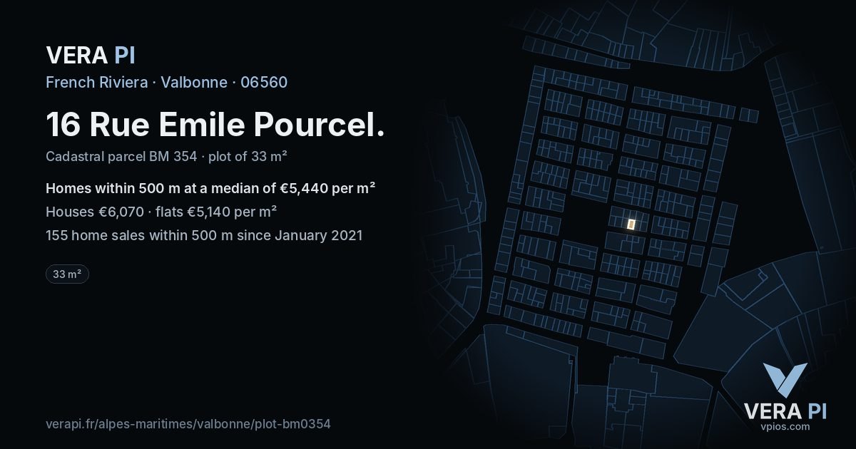 16 Rue Emile Pourcel, Valbonne at night – the plot lit, the parcels around coloured by the prices near them