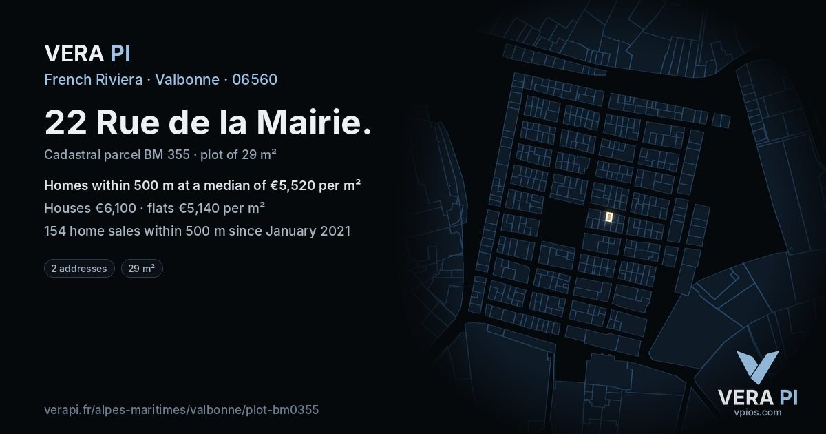 22 Rue de la Mairie, Valbonne at night – the plot lit, the parcels around coloured by the prices near them