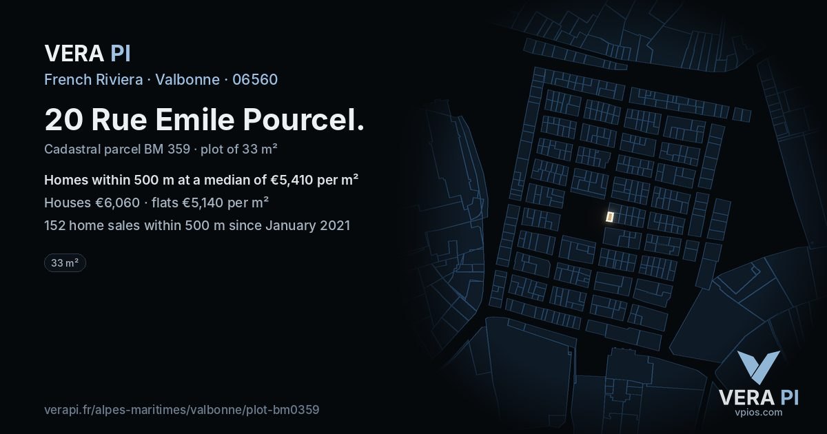 20 Rue Emile Pourcel, Valbonne at night – the plot lit, the parcels around coloured by the prices near them