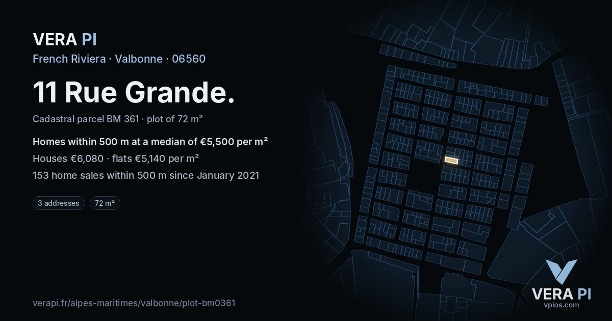 11 Rue Grande, Valbonne at night – the plot lit, the parcels around coloured by the prices near them