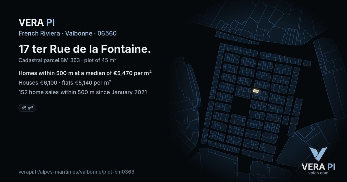 17 ter Rue de la Fontaine, Valbonne at night – the plot lit, the parcels around coloured by the prices near them