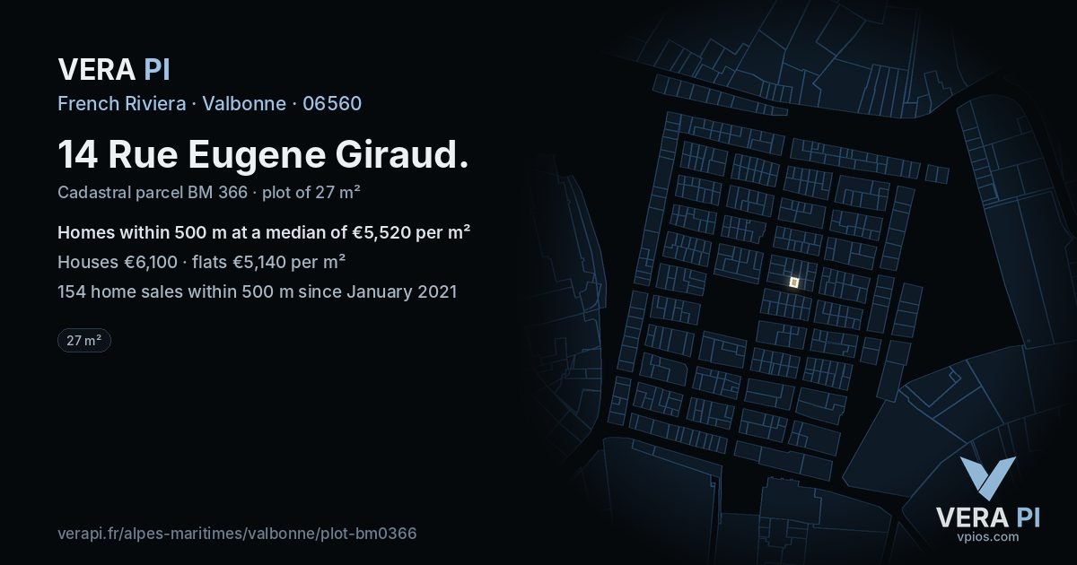 14 Rue Eugene Giraud, Valbonne at night – the plot lit, the parcels around coloured by the prices near them