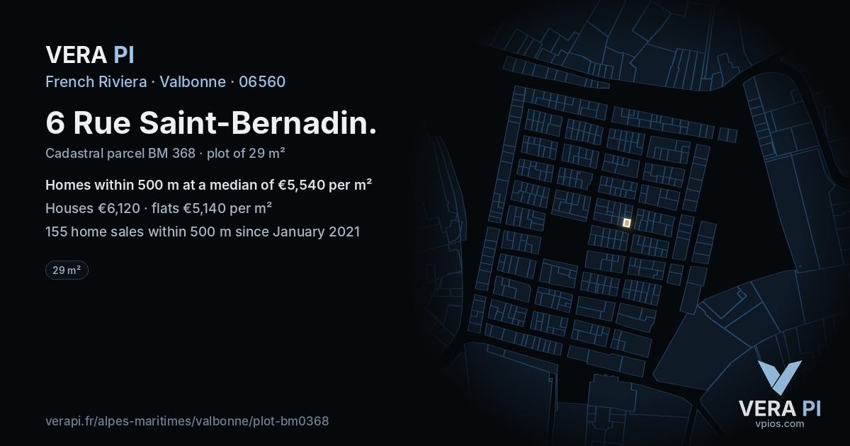 6 Rue Saint-Bernadin, Valbonne at night – the plot lit, the parcels around coloured by the prices near them