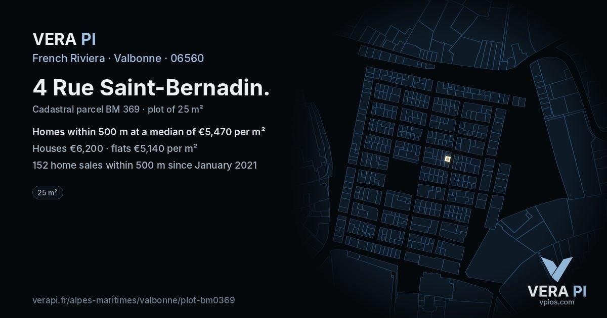 4 Rue Saint-Bernadin, Valbonne at night – the plot lit, the parcels around coloured by the prices near them
