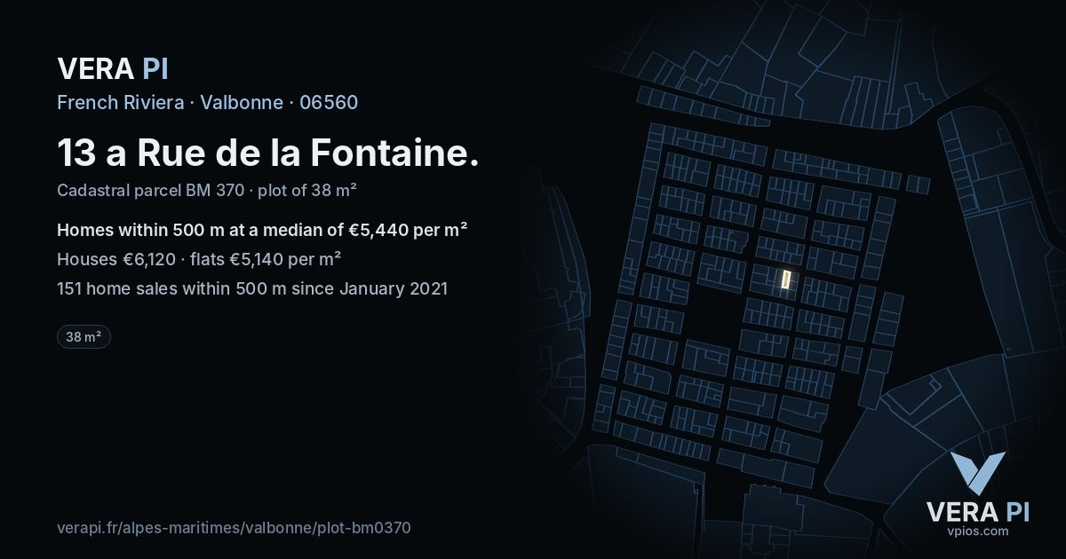 13 a Rue de la Fontaine, Valbonne at night – the plot lit, the parcels around coloured by the prices near them