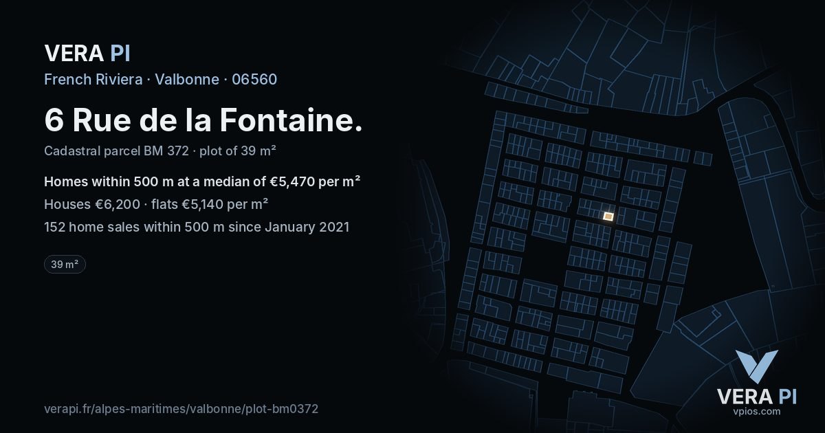 6 Rue de la Fontaine, Valbonne at night – the plot lit, the parcels around coloured by the prices near them