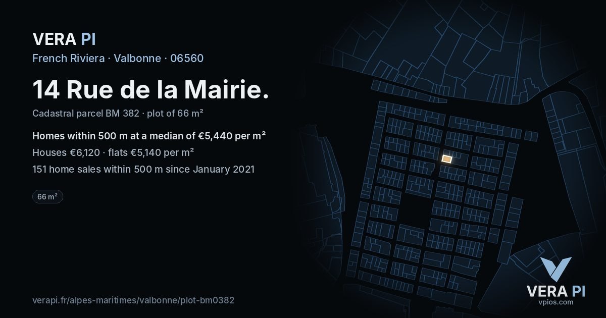 14 Rue de la Mairie, Valbonne at night – the plot lit, the parcels around coloured by the prices near them