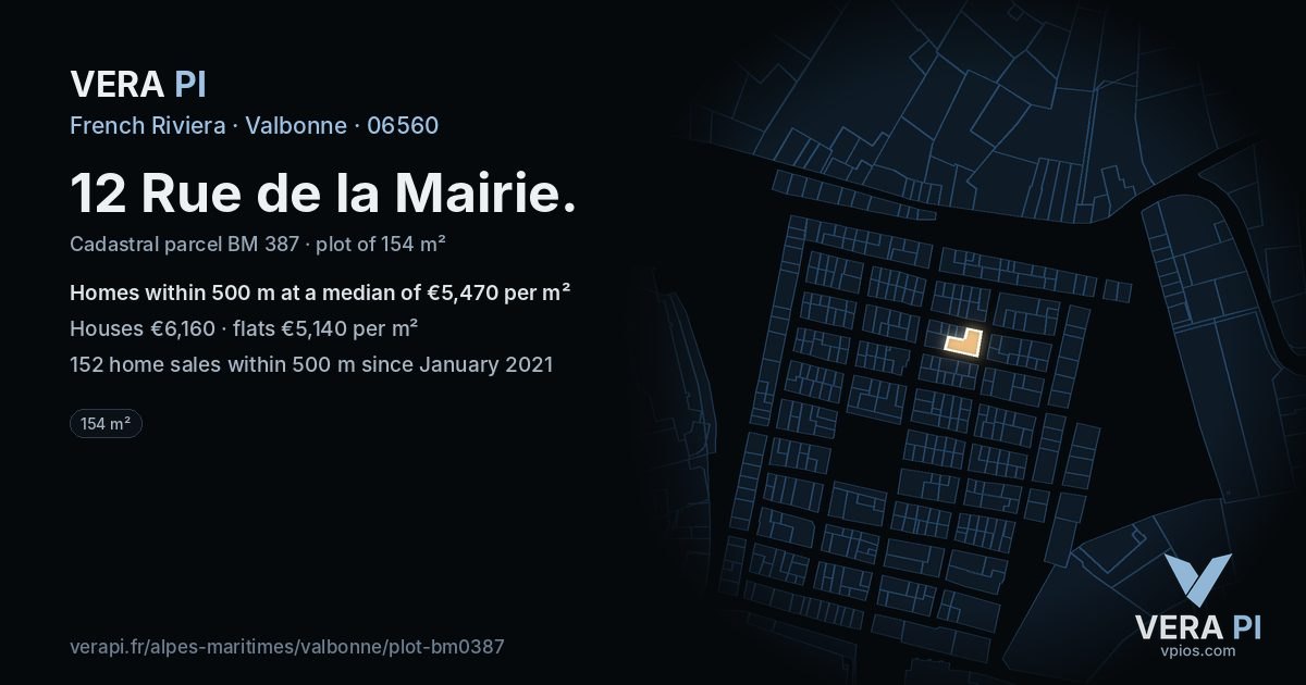12 Rue de la Mairie, Valbonne at night – the plot lit, the parcels around coloured by the prices near them
