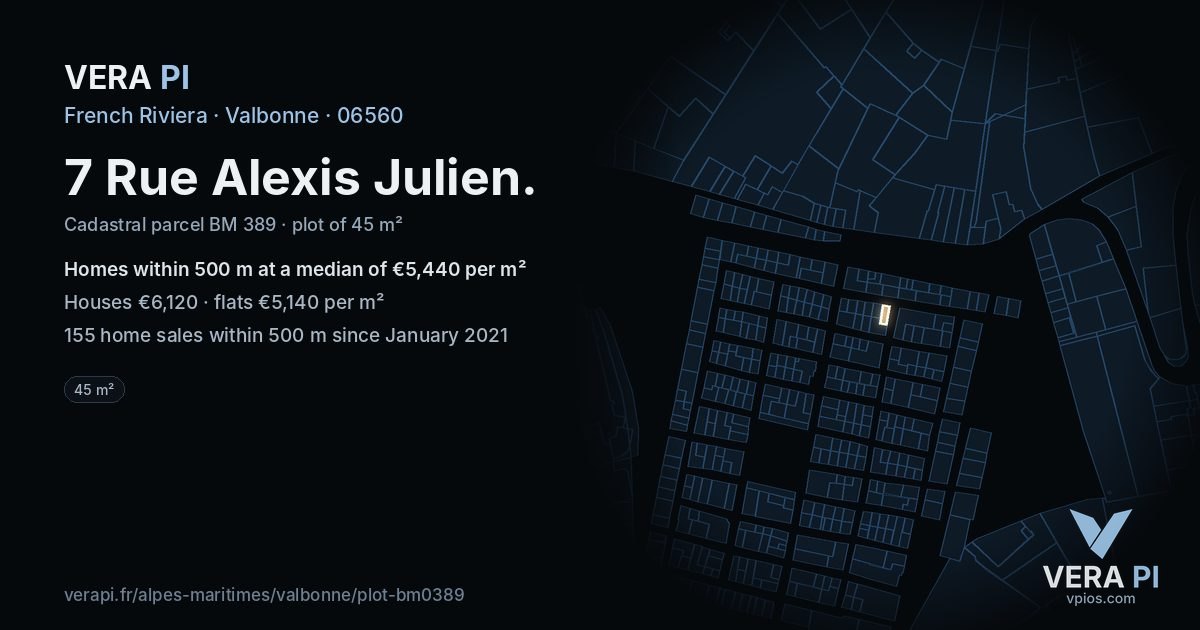 7 Rue Alexis Julien, Valbonne at night – the plot lit, the parcels around coloured by the prices near them