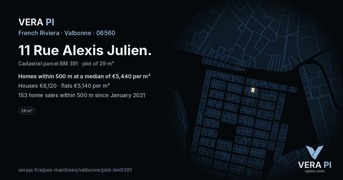 11 Rue Alexis Julien, Valbonne at night – the plot lit, the parcels around coloured by the prices near them