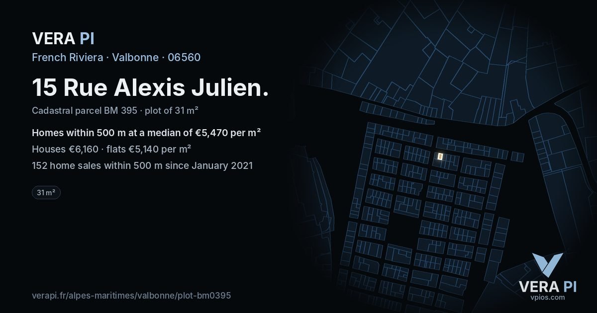 15 Rue Alexis Julien, Valbonne at night – the plot lit, the parcels around coloured by the prices near them