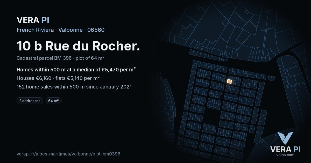 10 b Rue du Rocher, Valbonne at night – the plot lit, the parcels around coloured by the prices near them