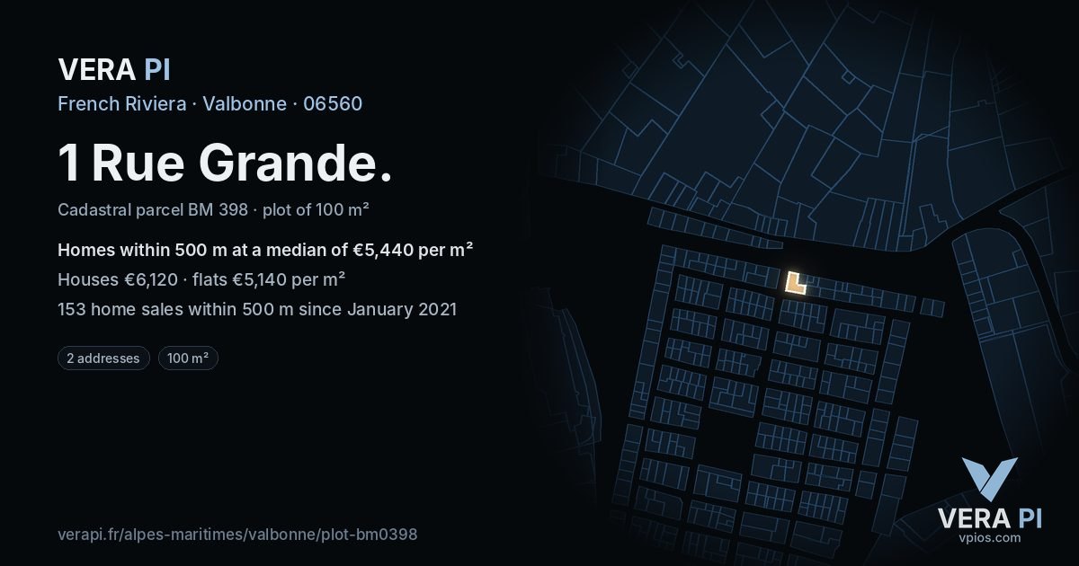 1 Rue Grande, Valbonne at night – the plot lit, the parcels around coloured by the prices near them