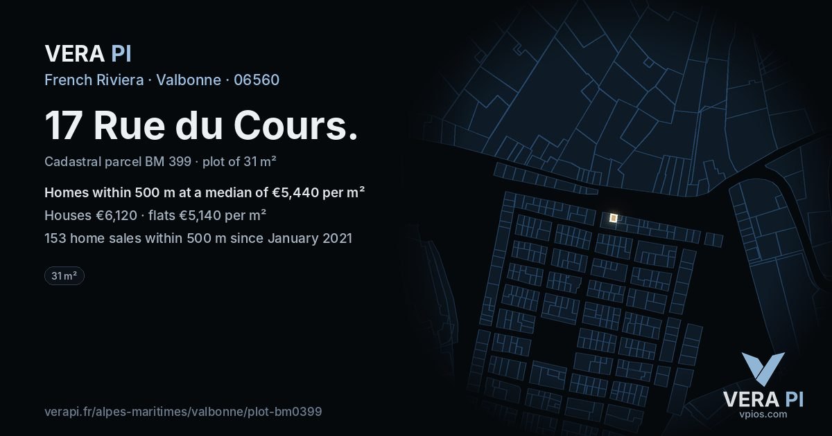 17 Rue du Cours, Valbonne at night – the plot lit, the parcels around coloured by the prices near them