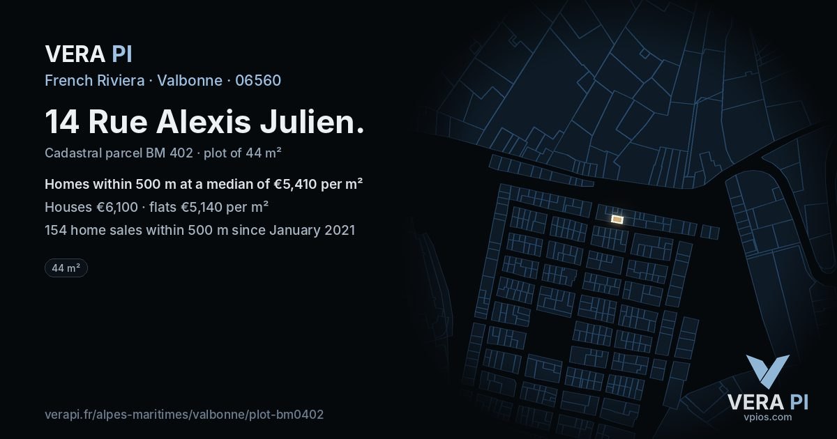 14 Rue Alexis Julien, Valbonne at night – the plot lit, the parcels around coloured by the prices near them
