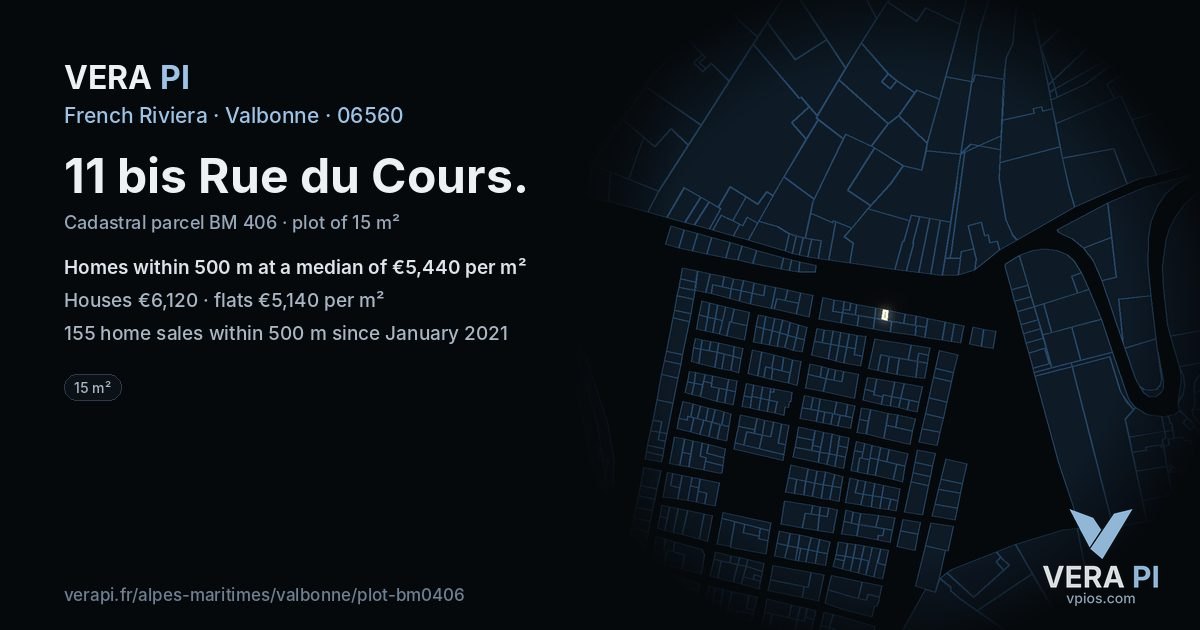 11 bis Rue du Cours, Valbonne at night – the plot lit, the parcels around coloured by the prices near them