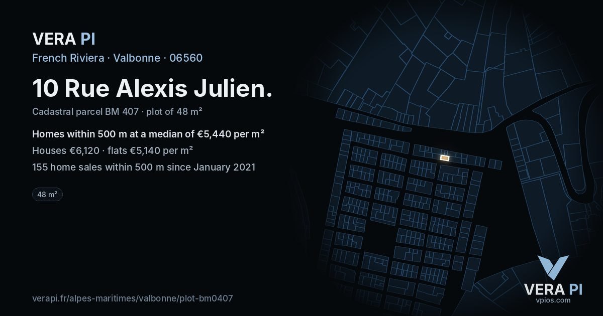 10 Rue Alexis Julien, Valbonne at night – the plot lit, the parcels around coloured by the prices near them