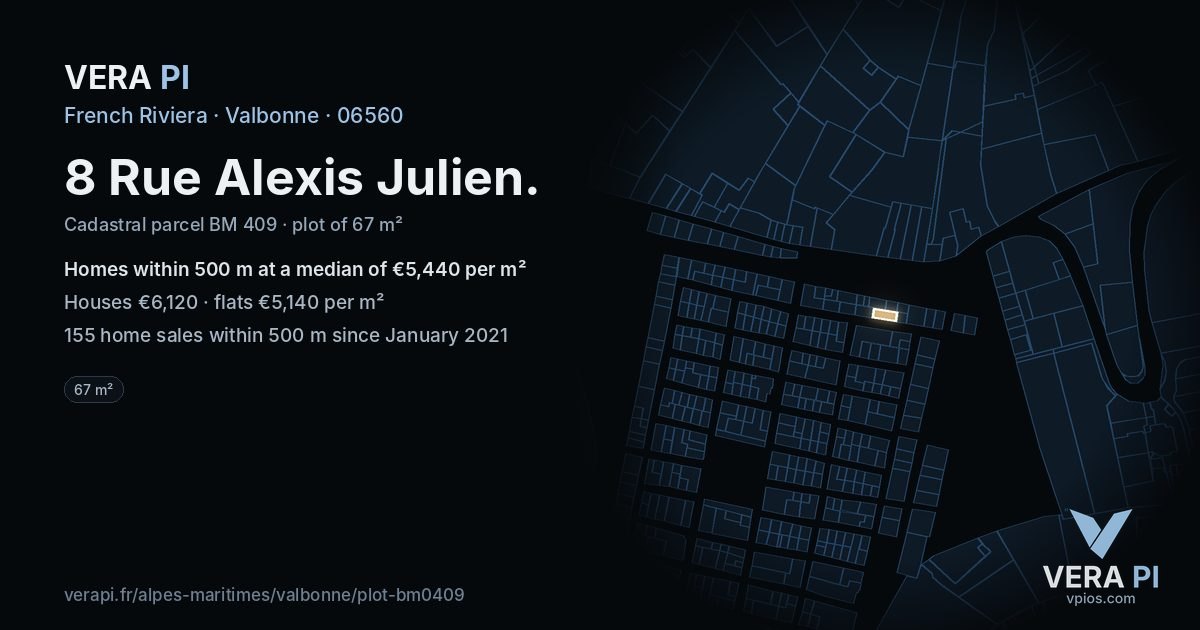 8 Rue Alexis Julien, Valbonne at night – the plot lit, the parcels around coloured by the prices near them