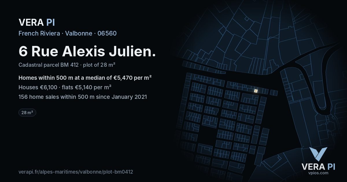 6 Rue Alexis Julien, Valbonne at night – the plot lit, the parcels around coloured by the prices near them