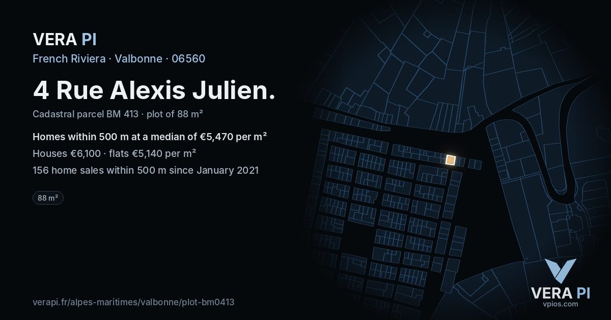 4 Rue Alexis Julien, Valbonne at night – the plot lit, the parcels around coloured by the prices near them