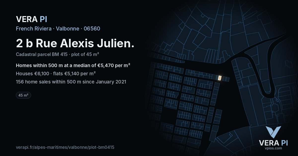 2 b Rue Alexis Julien, Valbonne at night – the plot lit, the parcels around coloured by the prices near them