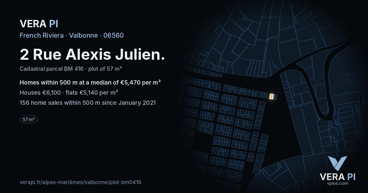 2 Rue Alexis Julien, Valbonne at night – the plot lit, the parcels around coloured by the prices near them