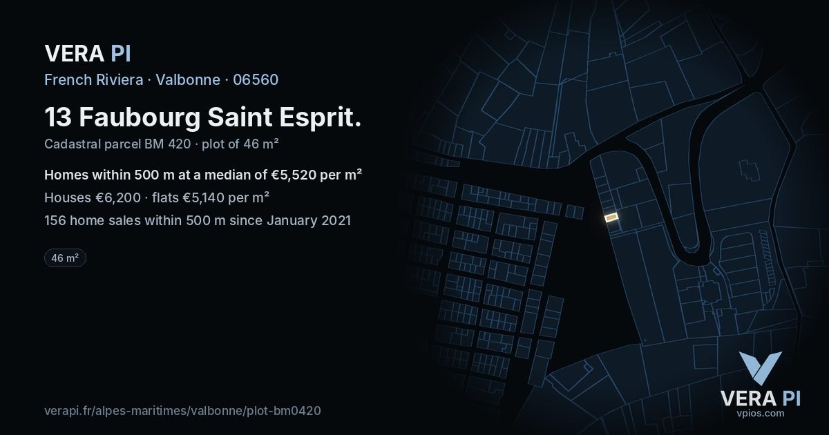 13 Faubourg Saint Esprit, Valbonne at night – the plot lit, the parcels around coloured by the prices near them