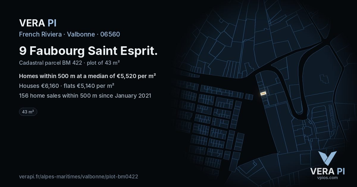 9 Faubourg Saint Esprit, Valbonne at night – the plot lit, the parcels around coloured by the prices near them