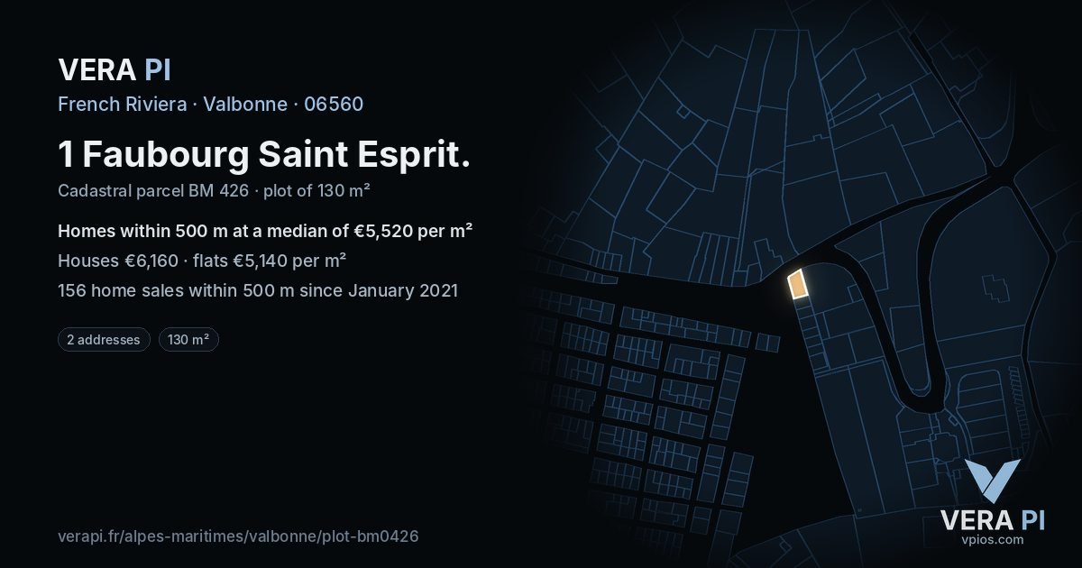1 Faubourg Saint Esprit, Valbonne at night – the plot lit, the parcels around coloured by the prices near them