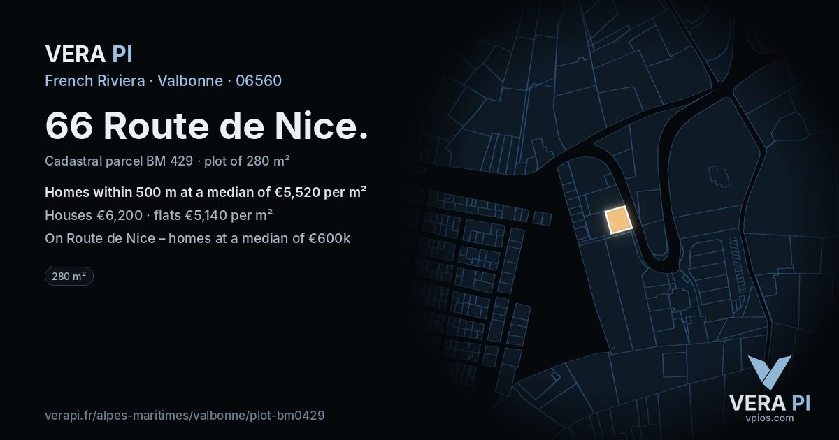 66 Route de Nice, Valbonne at night – the plot lit, the parcels around coloured by the prices near them