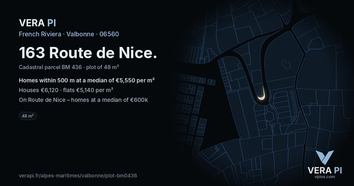 163 Route de Nice, Valbonne at night – the plot lit, the parcels around coloured by the prices near them