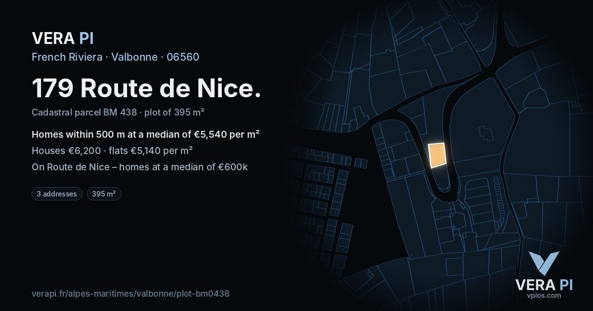 179 Route de Nice, Valbonne at night – the plot lit, the parcels around coloured by the prices near them