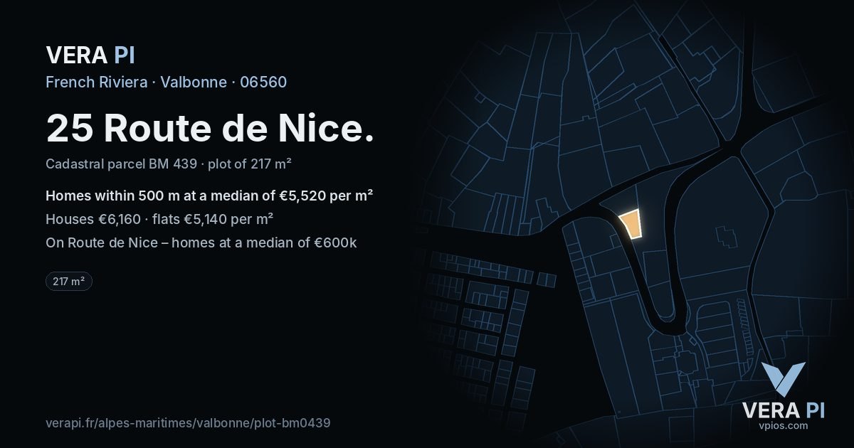 25 Route de Nice, Valbonne at night – the plot lit, the parcels around coloured by the prices near them