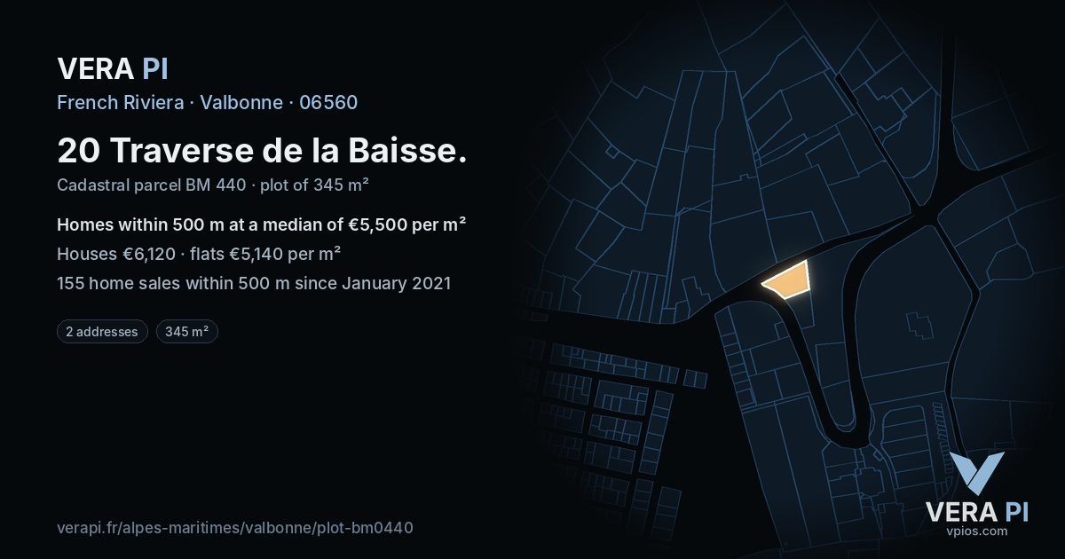 20 Traverse de la Baisse, Valbonne at night – the plot lit, the parcels around coloured by the prices near them