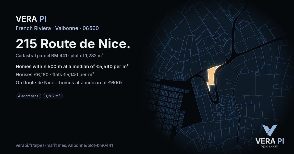 215 Route de Nice, Valbonne at night – the plot lit, the parcels around coloured by the prices near them