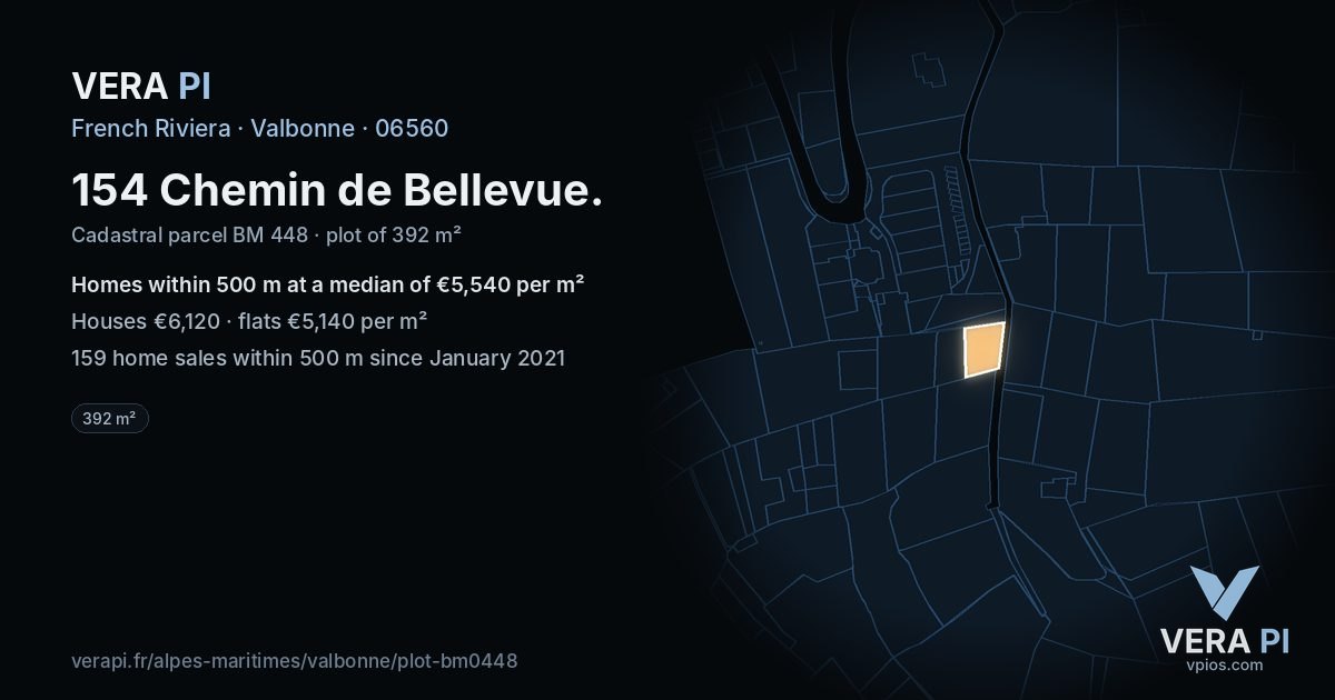 154 Chemin de Bellevue, Valbonne at night – the plot lit, the parcels around coloured by the prices near them