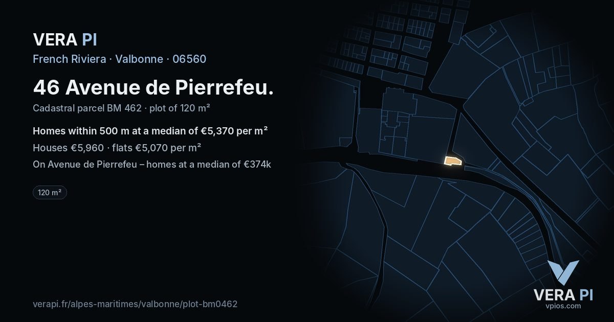 46 Avenue de Pierrefeu, Valbonne at night – the plot lit, the parcels around coloured by the prices near them