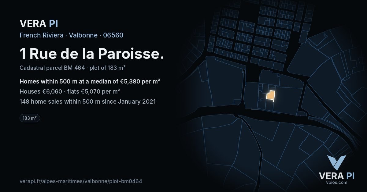 1 Rue de la Paroisse, Valbonne at night – the plot lit, the parcels around coloured by the prices near them