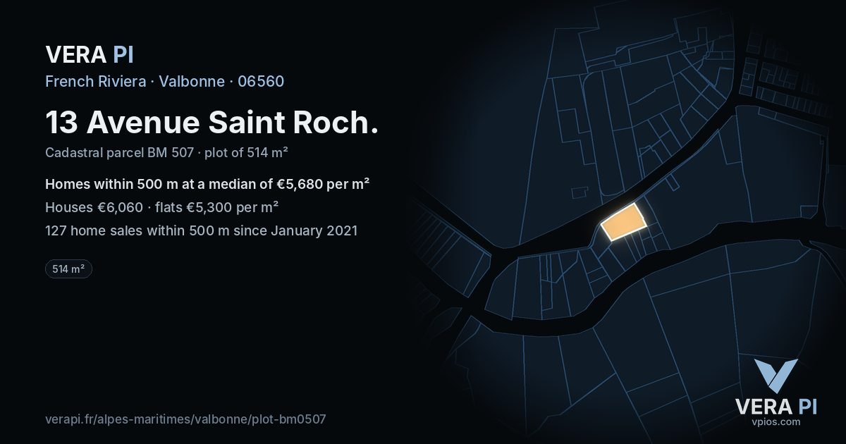 13 Avenue Saint Roch, Valbonne at night – the plot lit, the parcels around coloured by the prices near them