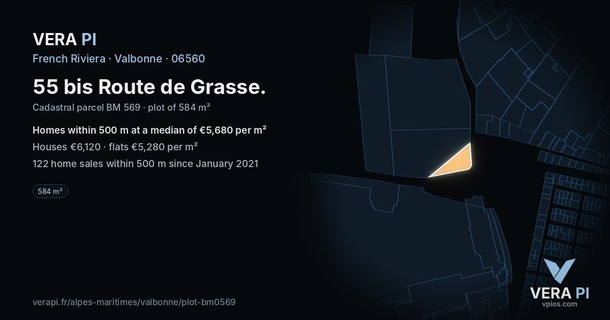 55 bis Route de Grasse, Valbonne at night – the plot lit, the parcels around coloured by the prices near them