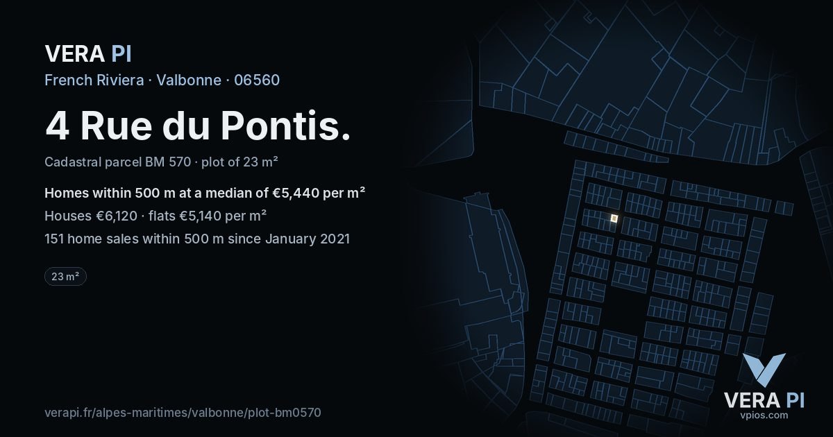 4 Rue du Pontis, Valbonne at night – the plot lit, the parcels around coloured by the prices near them