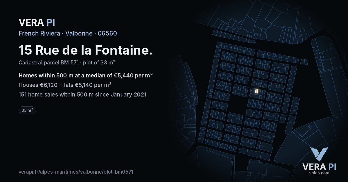 15 Rue de la Fontaine, Valbonne at night – the plot lit, the parcels around coloured by the prices near them