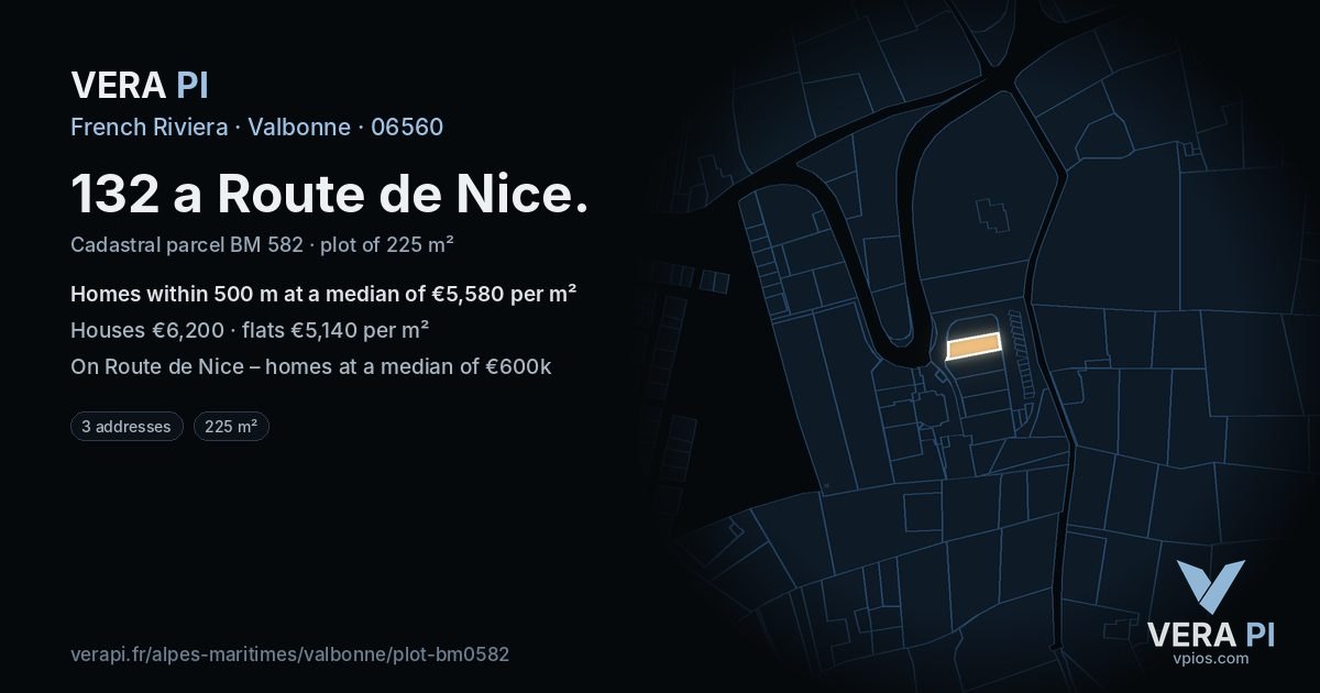 132 a Route de Nice, Valbonne at night – the plot lit, the parcels around coloured by the prices near them