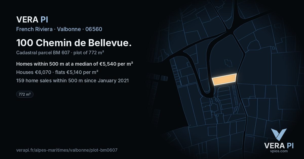 100 Chemin de Bellevue, Valbonne at night – the plot lit, the parcels around coloured by the prices near them