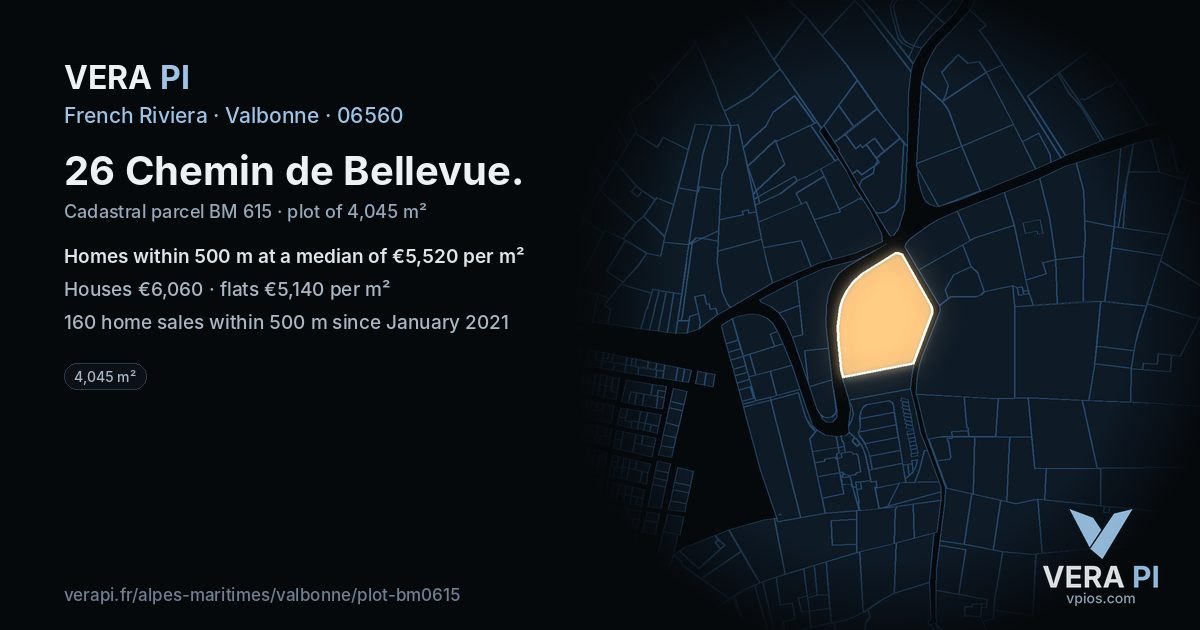 26 Chemin de Bellevue, Valbonne at night – the plot lit, the parcels around coloured by the prices near them